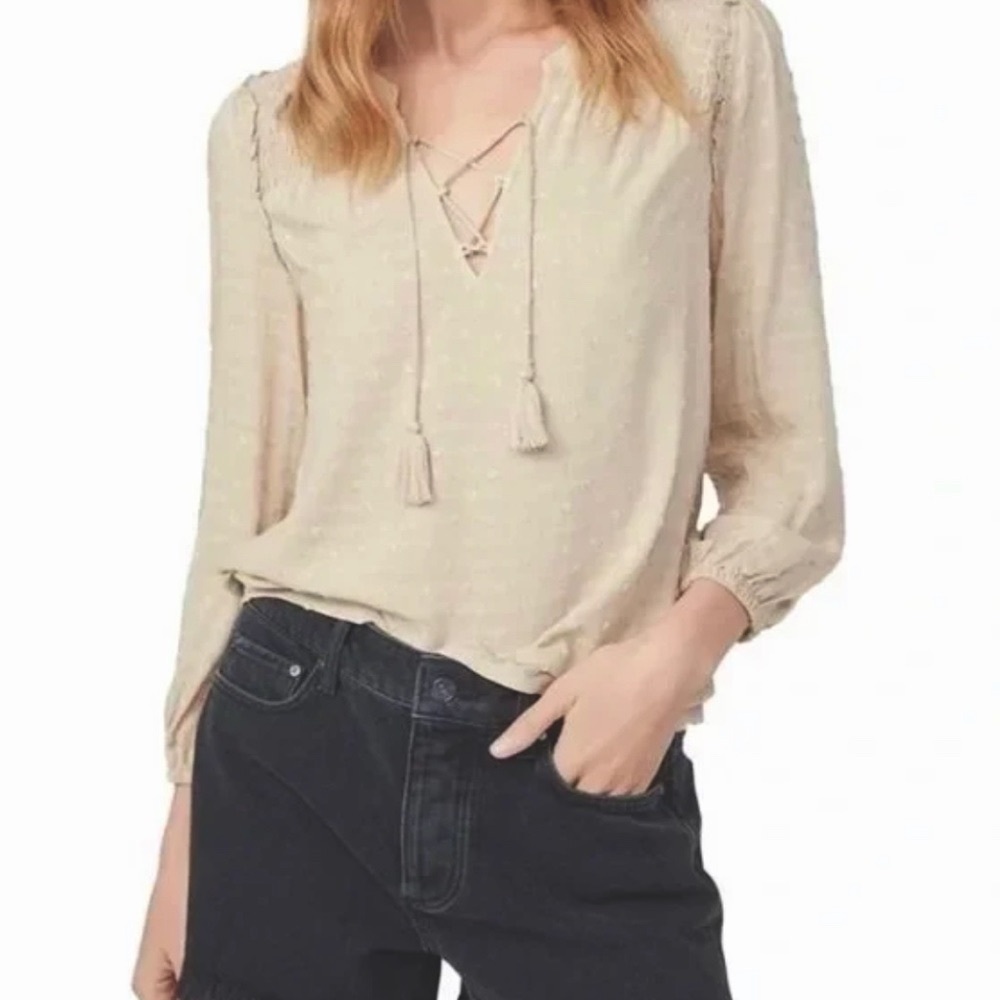 PAIGE "Shaylene" V-Neck Shirt Long Sleeve Swiss Dot Pattern Tan Size S